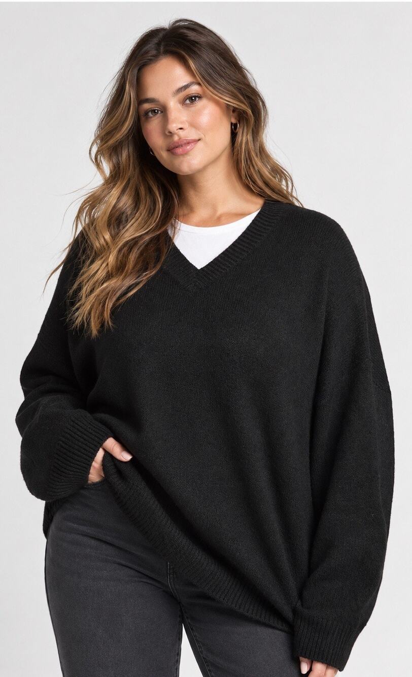 Boohoo Oversized V-Neck Jumper Sweater, Black, Size 20 US